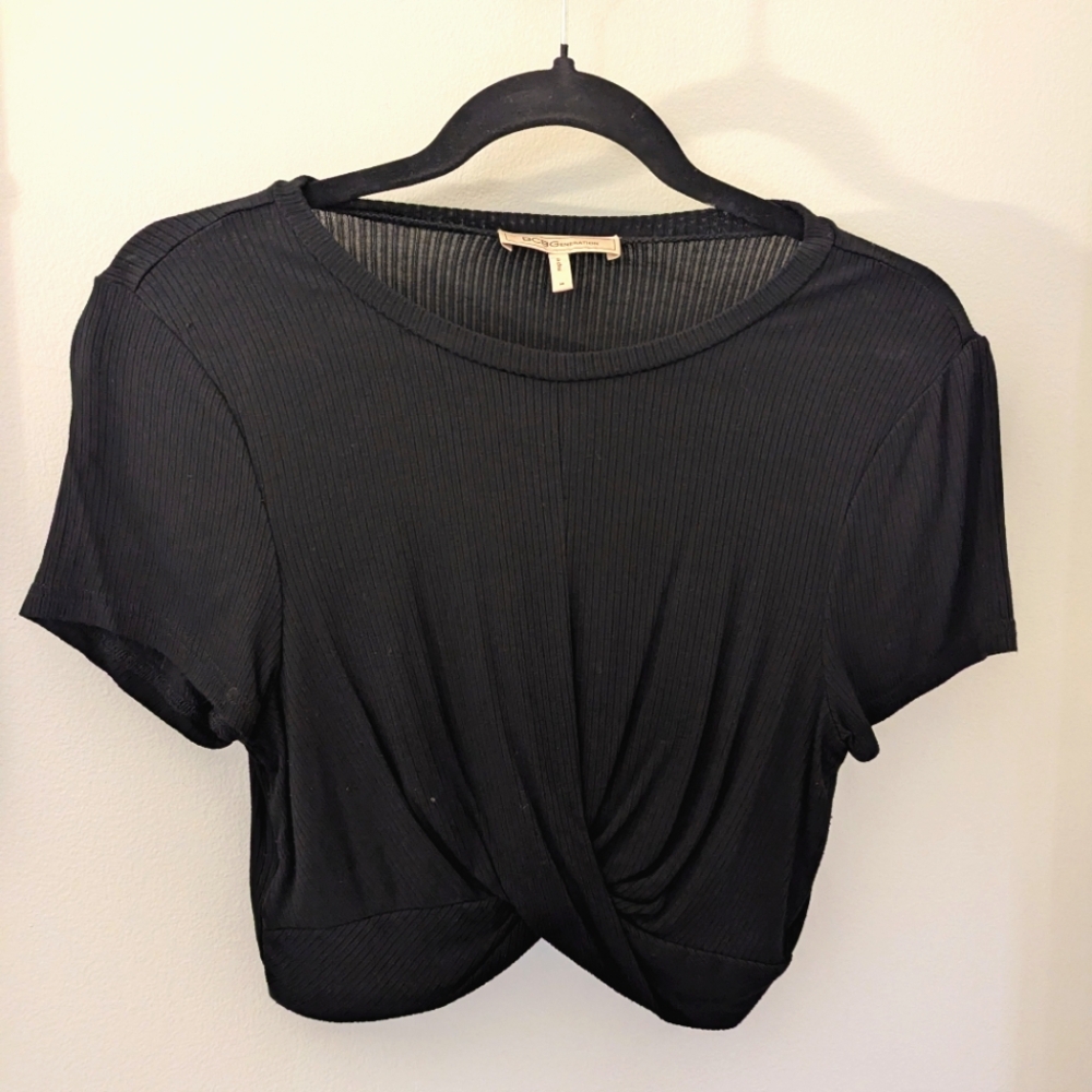 BCBG Black Twisted Crop Top Ribbed Fabric Size Medium